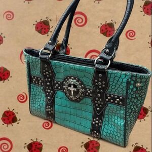 Cross studded teal y2k purse bag
